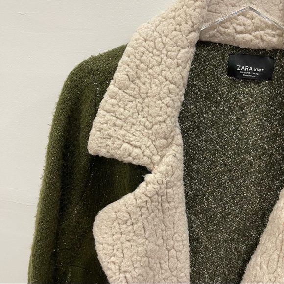 Zara Knit Faux Shearling Lined Sweater Jacket Open Front Square Pocket Green S - Picture 6 of 11